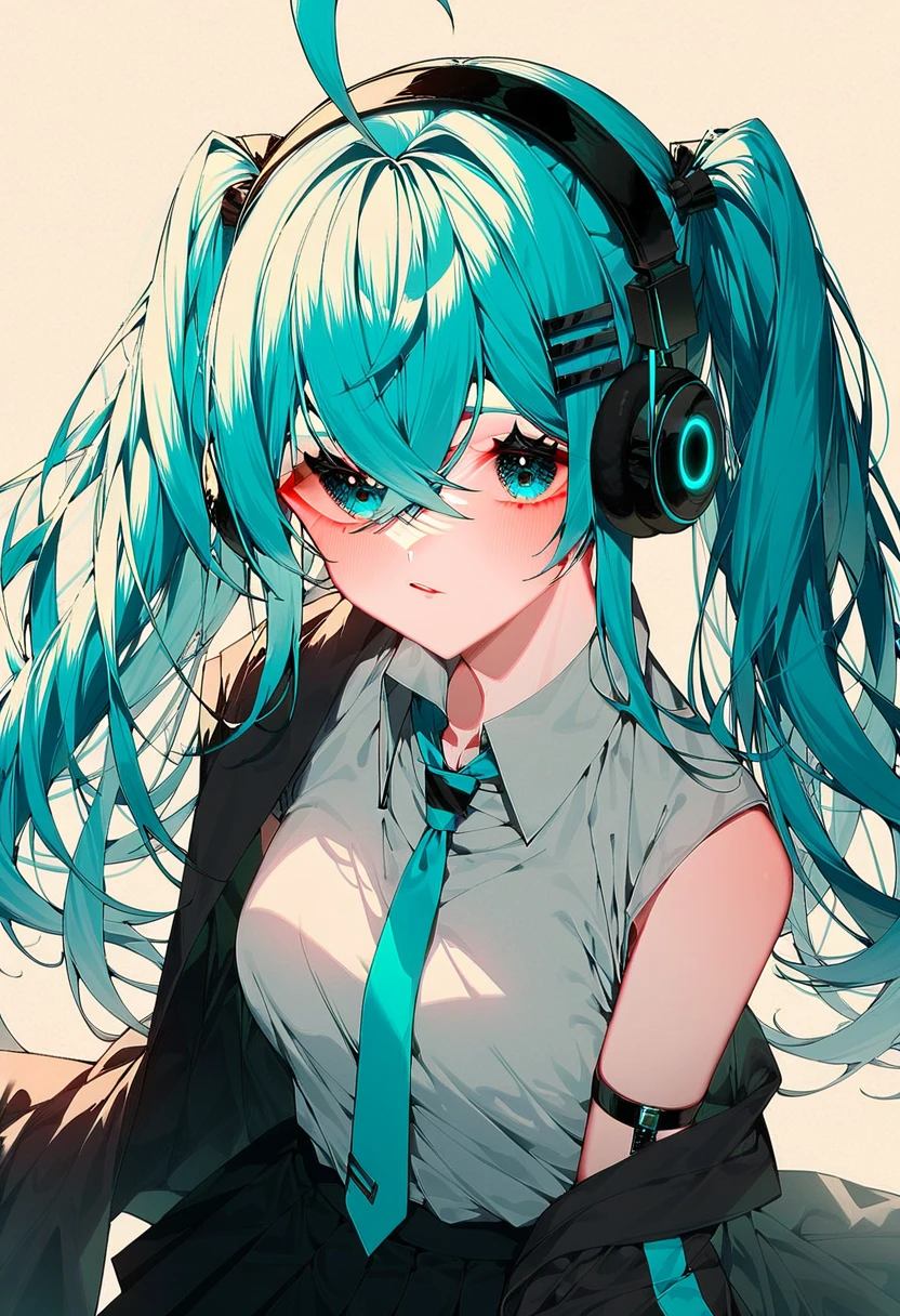 score_9, score_8_up, score_7_up, score_6_up, 1girl, <lora:Just_black_and_yellow:1>, solo, ahoge, aqua eyes, aqua hair, crossed bangs, hair between eyes, hair ornament, headphones, long hair, twintails, black skirt, black sleeves, collared shirt, detached sleeves, grey shirt, necktie, pleated skirt, shirt, sleeveless shirt, tie clip