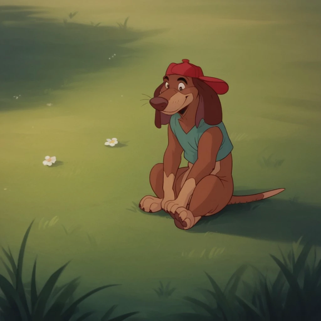 score_9, score_8_up, score_7_up, score_6_up, score_5_up, score_4_up, source_furry, ItchyItchiford, feral, male, Dachshund, brown fur, green shirt, sleeveless, red hat, sitting, outside, in the grass