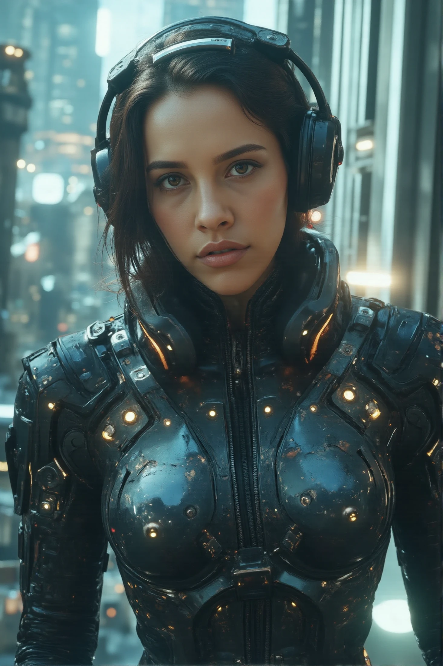 (photo of a woman), (soft even lighting), (futuristic city behind), (wearing cybernetic robot clothes in cyberpunk world), detailed face, detailed eyes, ((medium body  portrait)), masterpiece, ((best quality)), (eye contact), looking at the viewer, centred, shot from front