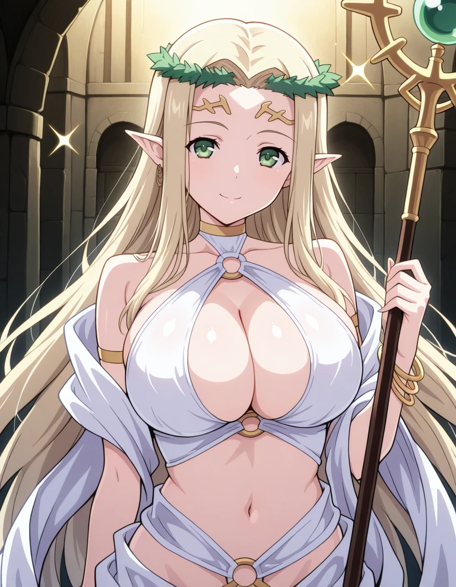 masterpiece, best_quality, absurdres,   <lora:celestine_lucullus_il:1> celestine_lucullus, blonde_hair, pointy_ears, long_hair, elf, green_eyes, jewelry, circlet, large_breasts, o-ring, cleavage, by_misakura_aoi, sparkle, 1girl, duel_monster, holding_staff, holding, smile, looking_at_viewer, staff