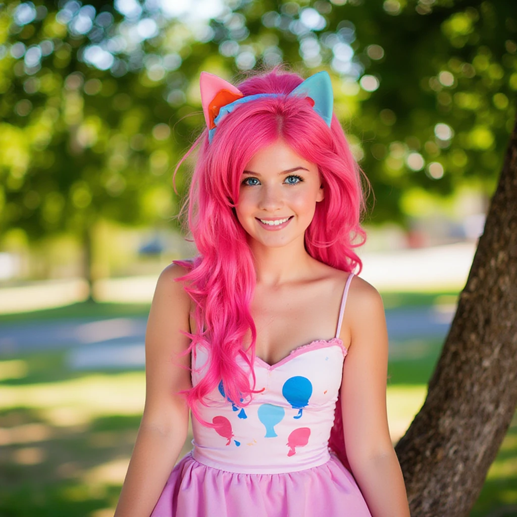 pinkiepie in dress, photo, blue eyes, pink hair, photorealism, sitting on the tree in park