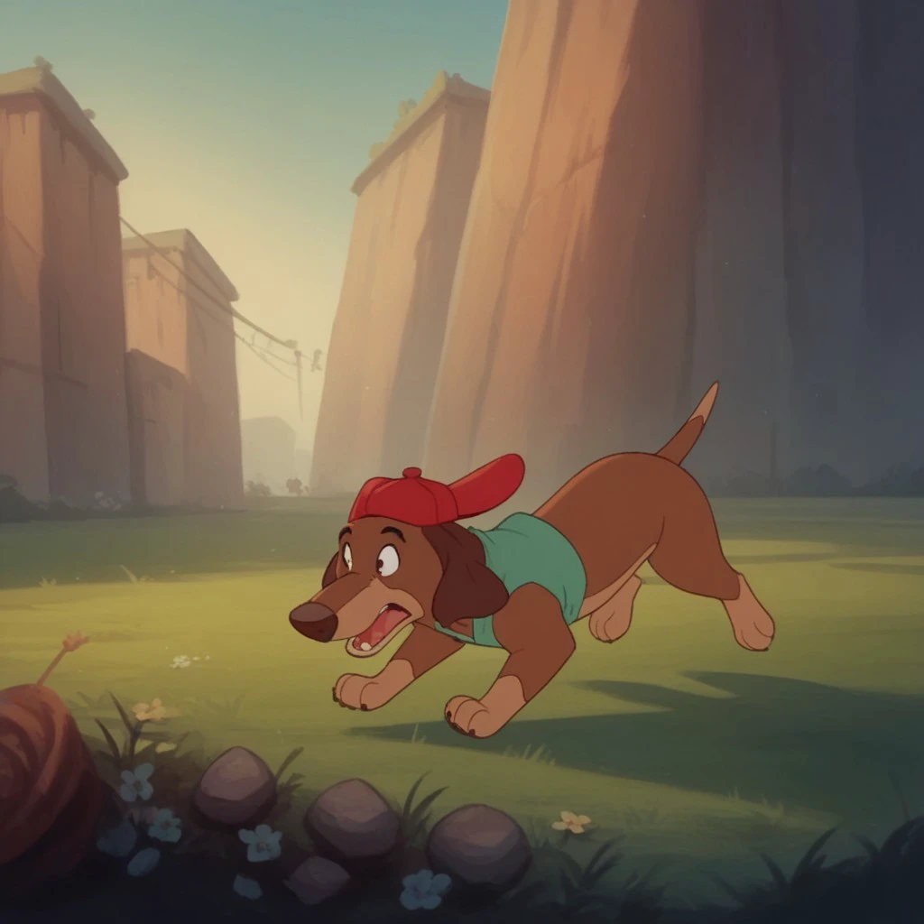 score_9, score_8_up, score_7_up, score_6_up, score_5_up, score_4_up, source_furry, ItchyItchiford, feral, male, Dachshund, brown fur, green shirt, sleeveless, red hat, running, outside,