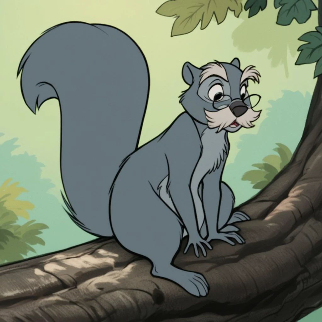 score_9, score_8_up, score_7_up, score_6_up, score_5_up, score_4_up, source_furry, SquirrelMerlin, feral, male, squirrel, grey fur, glasses, squirrel tail, mustache, sitting, in a tree,