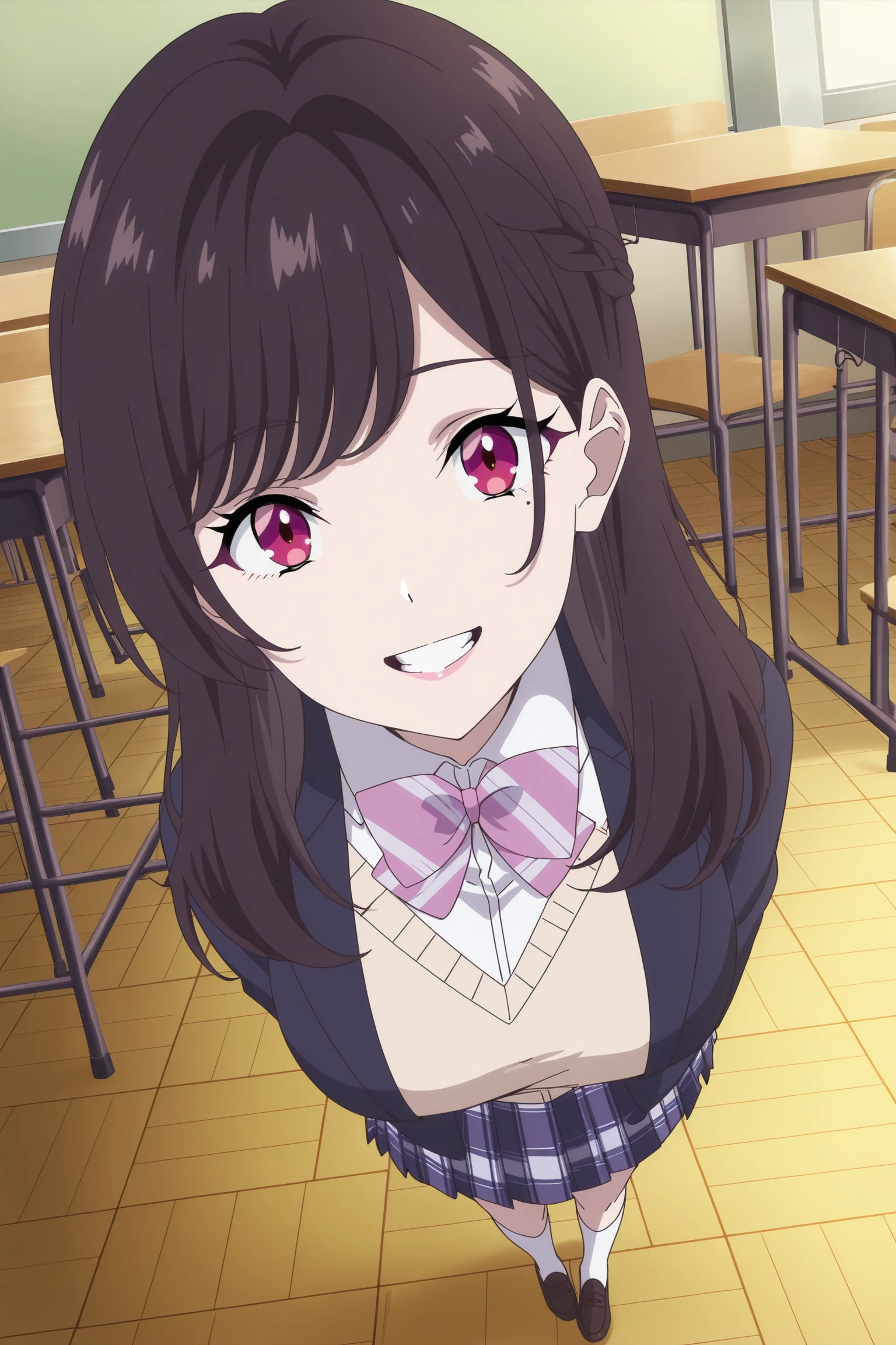 masterpiece, perfect lighting, detailed face
in a classroom,
 <lora:Maria_Kurose_You_Were_Experienced_I_Was_Not_Our_Dating_Story_-_Illlustrious:1>, 1girl, solo, Maria Kurose, (mole under eye), long hair, bangs, braid, black hair, red eyes, hair behind ear, large breasts,
School uniform, striped bow, bowtie, white shirt, collared shirt, plaid skirt, kneehighs, white socks, shoes, blazer
directly facing the viewer, looking at the viewer, smiling, mouth open, teeth, happy girl, full body shot