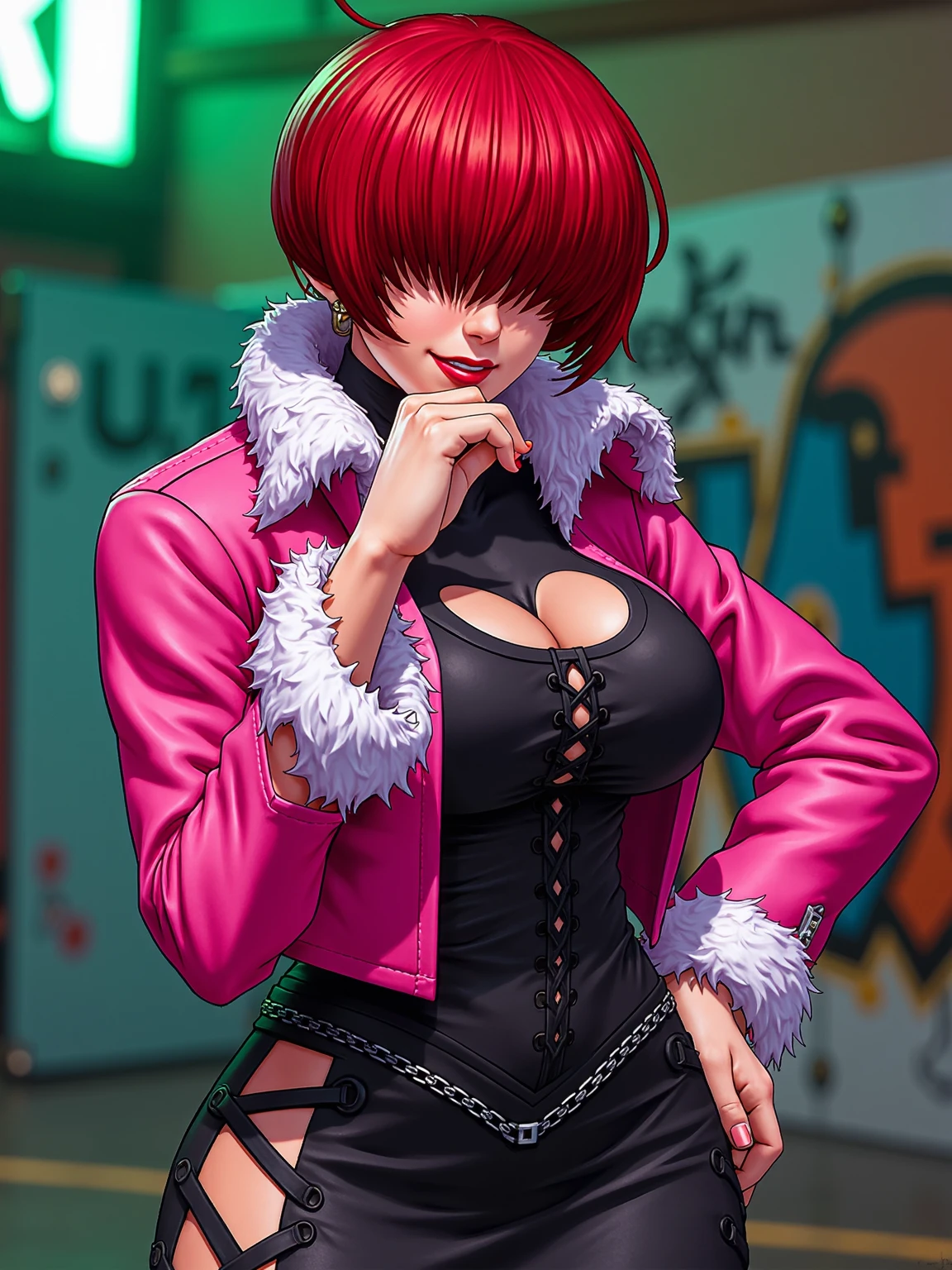 1990s anime portrait Shermie The King of Fighters is depicted with striking vibrant red hair that falls just above her shoulders, framing her face and partially obscuring her eyes. Hands on lips, evil laugh. Smile. She wears a bold pink jacket that features a high collar, with fluffy white accents around the cuffs. The jacket is open at the front, revealing a form-fitting black top that accentuates her figure. The top has a unique lacing design that extends down the center, enhancing her confident appearance. She pairs this ensemble with a black skirt adorned with intricate details, complemented by a chain accessory. Shermie's pose is confident, with one hand on her hip, exuding a playful yet assertive demeanor. Her overall look combines elements of elegance with a touch of edgy style.. Graffiti wall in the background, green neon lights