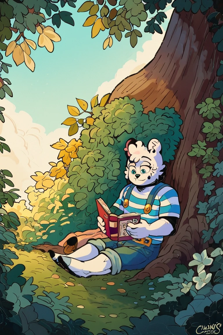 Score_9, score_8_up, score_7_up, score_6_up,score_5_up,  ,, ClansoniudoStyle, 1girl, blue and white striped shirt, denim overalls, reading book, under tree, thoughtful expression, peaceful park