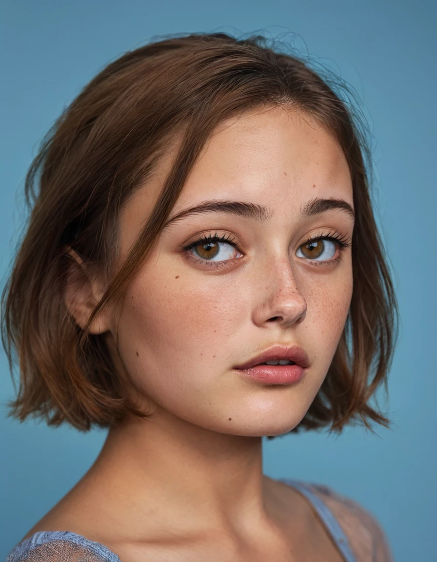 3LLAPURN3LL 1girl, solo, looking at viewer, short hair, simple background, brown hair, brown eyes, parted lips, mole, lips, blue background, portrait, freckles, realistic, nose <lora:3LLAPURN3LL_last:0.9>