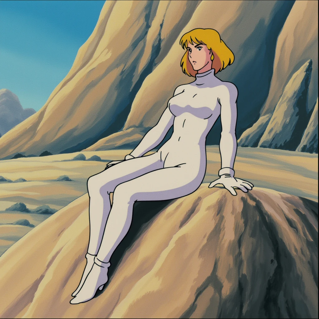 anime screencap in ng artstyle, a blonde woman sitting gracefully on a rock in a vast desert landscape. She is wearing a sleek, form-fitting white bodysuit with matching gloves. She has a short, asymmetrical hairstyle as she gazes into the distance. The background showcases rocky formations, and a blue sky.