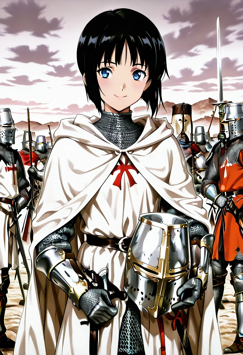 masterpiece, best quality, absurdres, detailed skin, detailed eyes, anime colored, anime screencap,
<lora:SaitoE:0.8>, SaitoE, smile, black hair, mouth open, no headwear,
<lora:Great_Helm:0.8>, chainmail, ((holding helmet)), greathelm, sword, sheathed, cape, gauntlets,