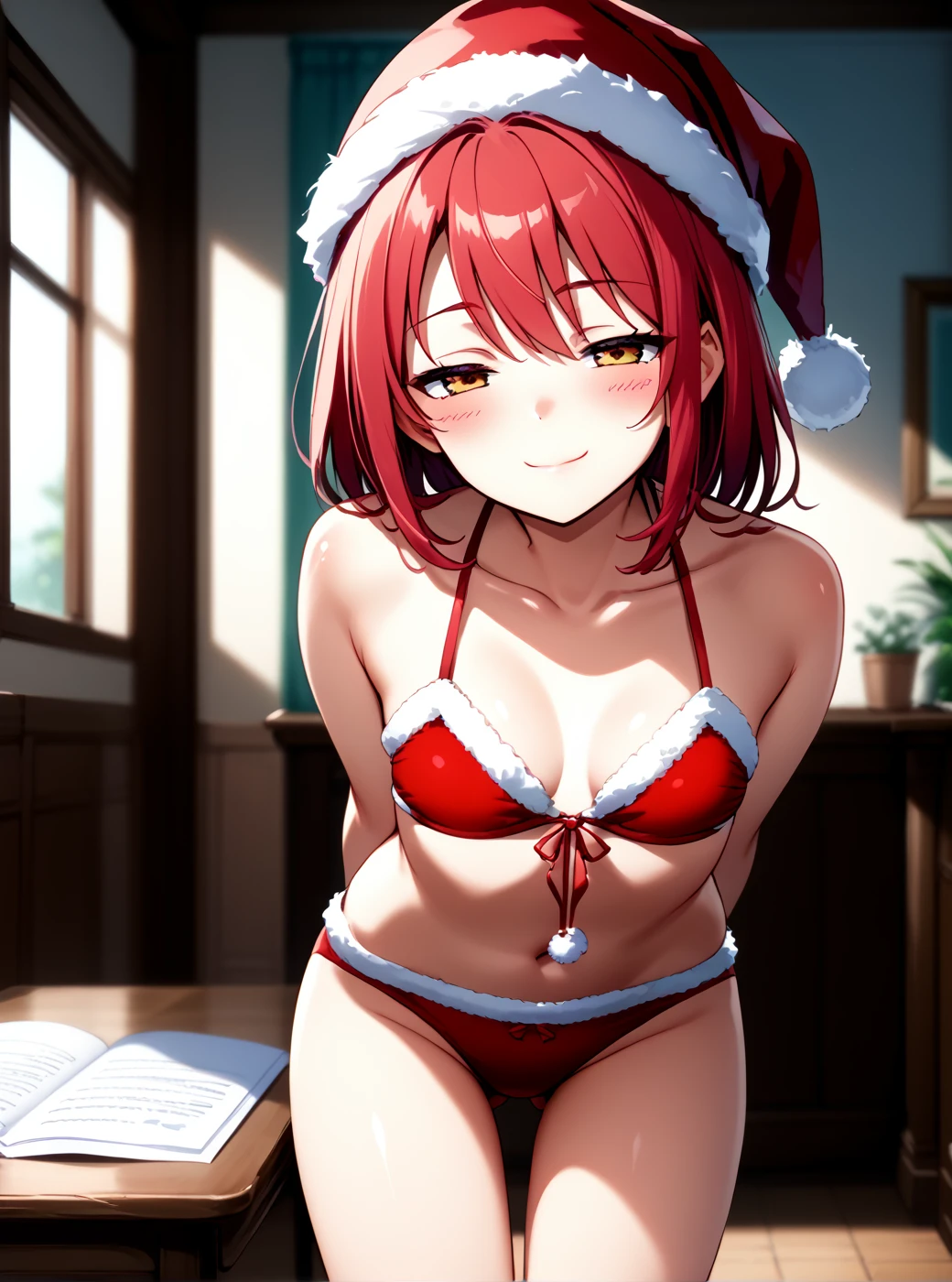 score_9, score_7_up, source_anime,
1girl, santa bikini, santa hat, arms behind back, leaning forward, thigh gap, seductive smile, cloed mouth, half closed eyes, blush, indoors,  <lora:santa_bikini_xl:0.9>