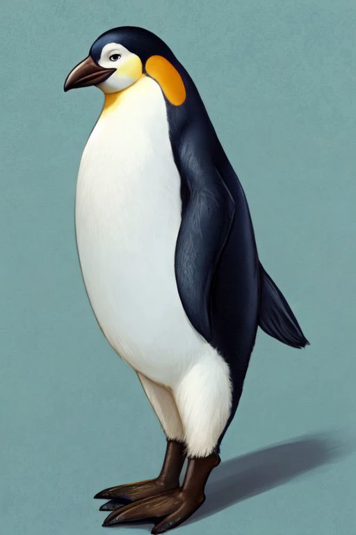 ((Adult))) ((Solo character))) ((Full body portrait))) (no humans,)) anthropomorphic, furry, animal character, digital art of a anime penguin bird, really cool silver background, beautiful tail wagging behind character, best character,