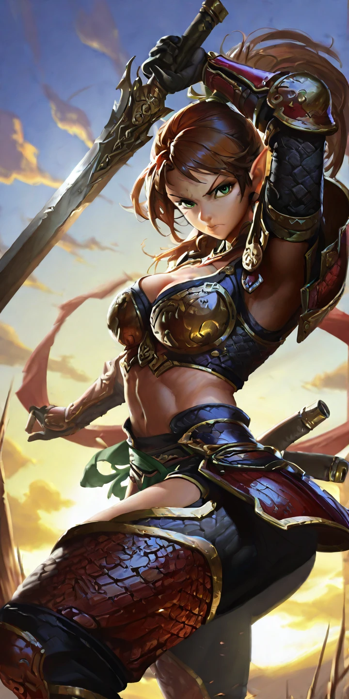 close-up, upper body, pose,1girl, solo, long hair, brown hair, green eyes, armor, weapon, sword, holding sword, looking at viewer, serious, fantasy, horns, pointy ears, arm up, detailed background, sunset, sky, clouds, digital painting, dynamic pose, cleavage, midriff, thigh-highs, gloves, intricate design, fantasy armor, warrior, battle stance, dramatic lighting, high contrast, detailed shading, cinematic, scenery, outdoors, dot nose  <lora:digital_paint:1>