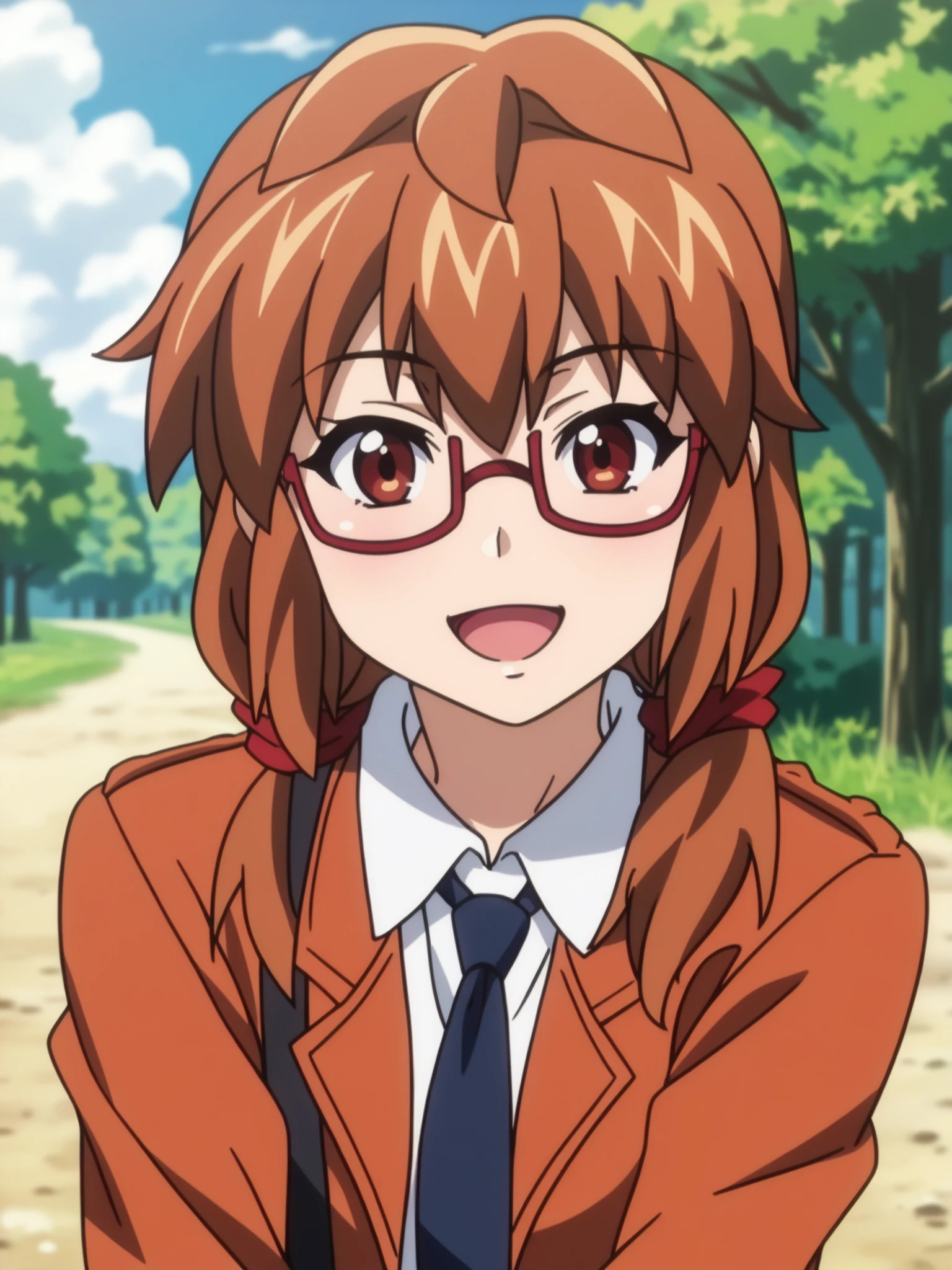 <lora:happy_tentacle-kyoukarin-v0.1-000010:0.8>, ht_kyoukarin, glasses, (red eyes, brown hair:0.7) , smile, open mouth, outdoors, day cowboy shot, 1girl, (petite:1.2), solo focus, (looking at viewer:1.1), sidelighting, (depth of field:0.8), , score_9, score_8_up, score_7_up, score_6_up, score_5_up, score_4_up