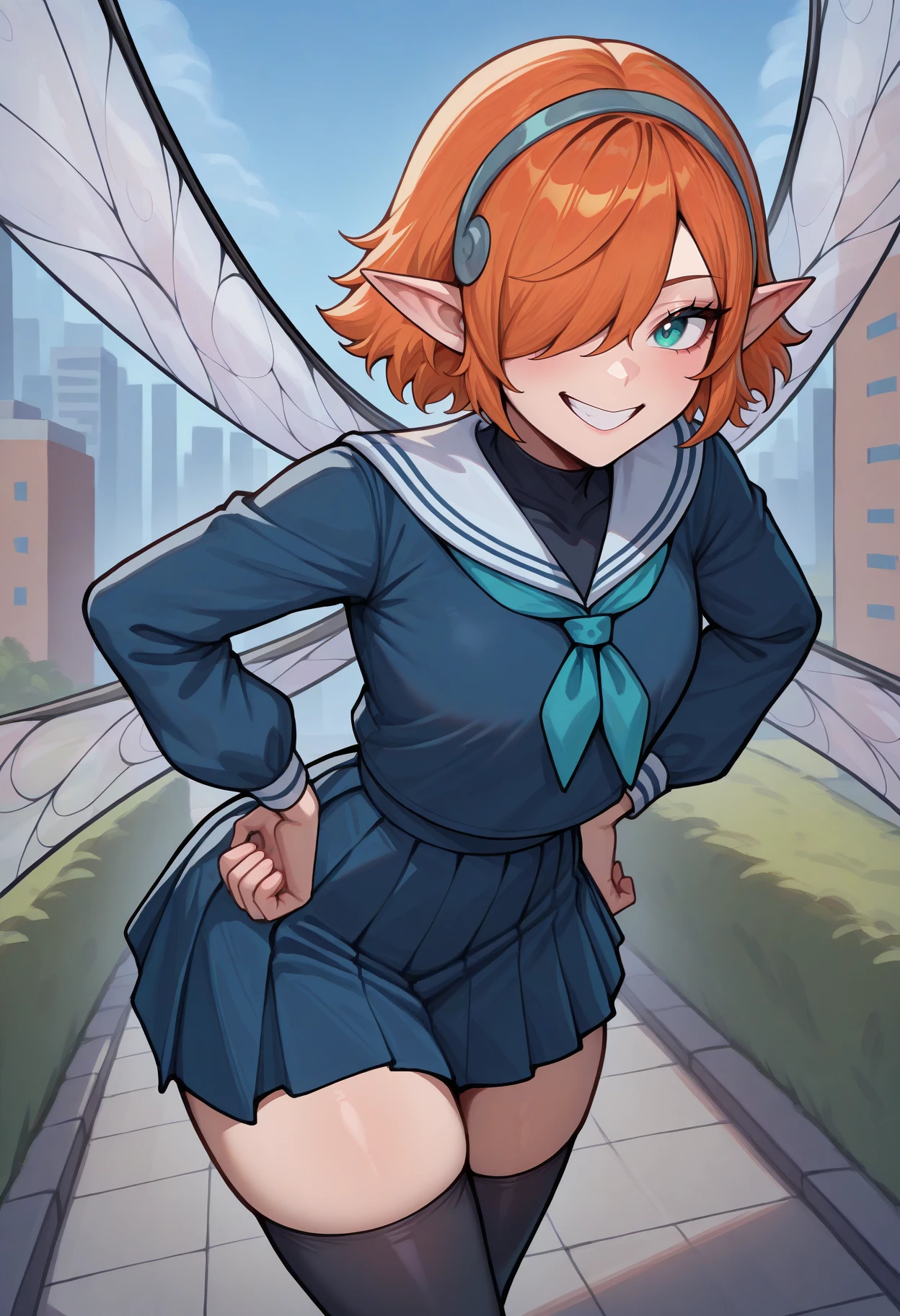 masterpiece, best quality, newest, absurdres, highres, 1girl, looking at viewer, grin, hands on own hips, <lora:GallicaMR-illu:1> dfGall, orange hair, short hair, hair over one eye, aqua eyes, pointy ears, grey hairband, school uniform, blue serafuku, fairy wings, pleated skirt, long sleeves, black thighhighs, city, outdoors