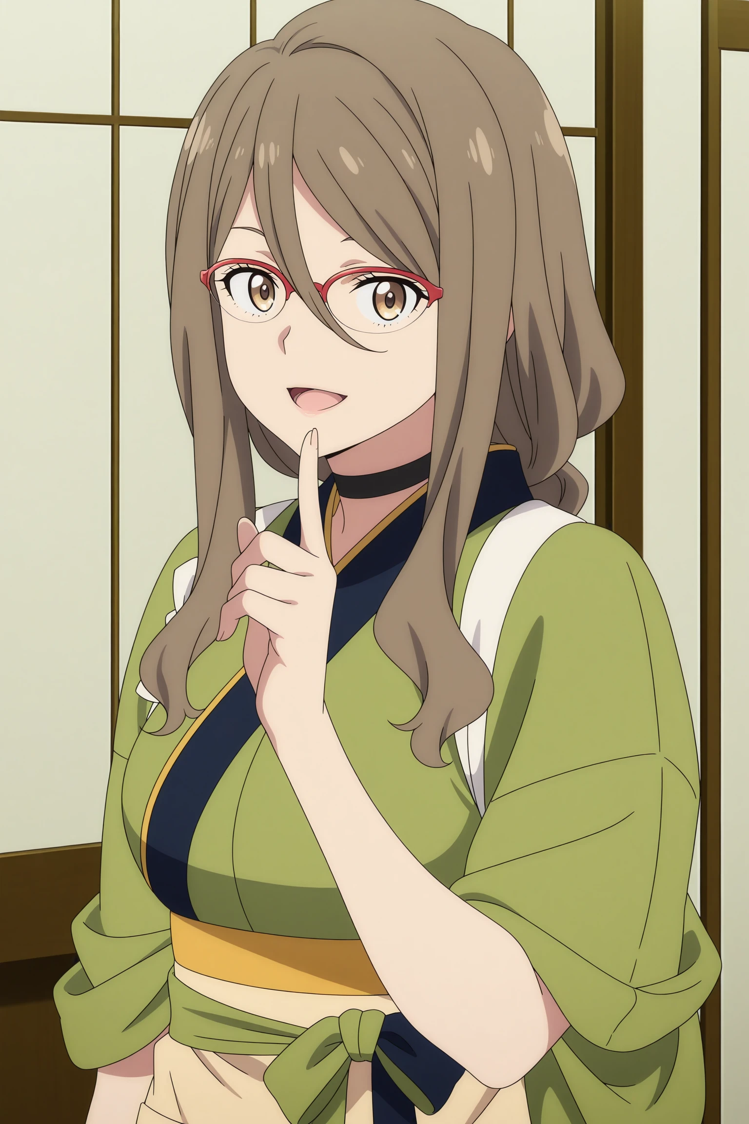 masterpiece, best quality, amazing quality, highres, absurdres, very aesthetic, high resolution, ultra detailed, perfect details, 1girl, solo, indoors, medium breasts, nakahara mizuki, brown hair, long hair, ponytail, hair tie, sidelocks, hair between eyes, red-framed eyewear, over-rim eyewear, brown eyes, japanese clothes, kimono, choker, green kimono, short sleeves, sleeves rolled up, wrist apron, blue skirt, long skirt, tabi, zouri, <lora:Mizuki_Nakahara_ILXL:0.9>, (aged up:1.2), looking at viewer, (upper body:1.4), smile, anime screencap, anime coloring, open mouth, pose, index finger