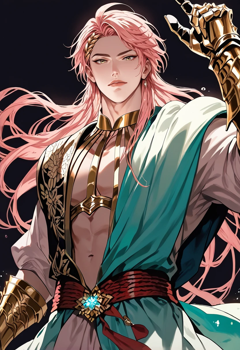 (masterpiece), (best quality), score_9, score_8_up, score_7_up, (masterpiece:1.2), (best quality:1.3), 1boy, <lora:Apollo_Record_of_Ragnarok:0.8> aplo_ror, simple background, pink hair, gauntlets, from below, action pose, low light, dark, dim, cinematic lighting, high contrast, rim lighting, ray_tracing, global illumination, glow, masterful composition, dynamic movement