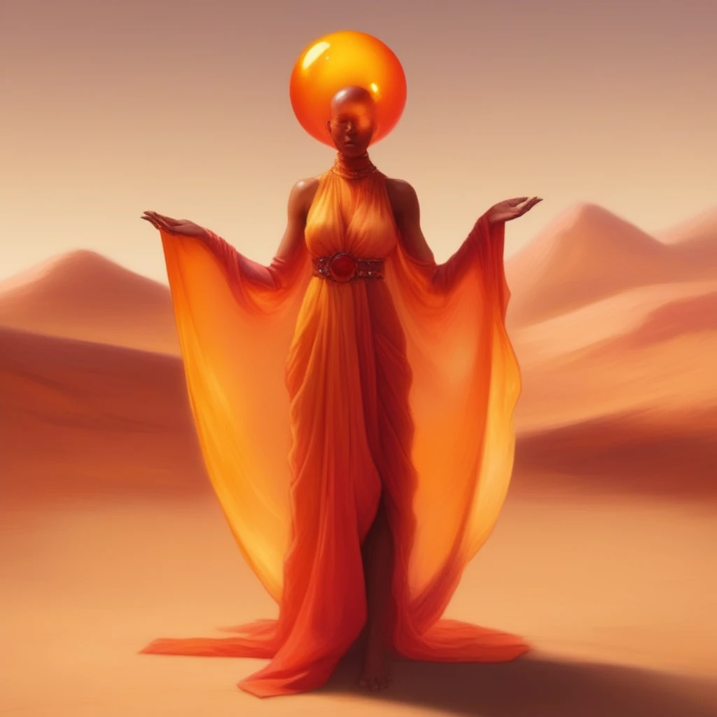 <lora:Efreeti:1> efreeti-data , A translucent, glowing efreeti with shifting hues of orange, yellow, and red, blending with the surrounding desert mirage. It wears minimalistic jewelry that seems to float, and the heat waves create surreal distortions around its form. The desert sun at noon bathes the scene in a radiant, shimmering light.