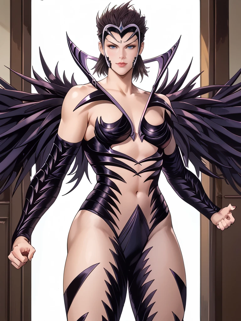 score_9,score_8_up,score_7_up,source_anime,high quality,masterpiece BREAK 1girl,perfect face,wjmj,armor,body spikes,spiked sleeves,wing collar,forehead protector,mask,spiked wings,navel,crotch plate,thigh spikes,looking at viewer,dynamic pose,indoors,<lora:wjmj-Pony-v1:1>,