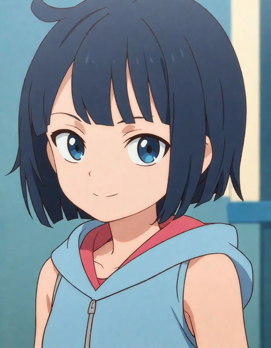 1girl, hood down,  short hair, sleeveless hoodie, upper body, solo, black hair, blue hoodie, light smile, looking at viewer, close-up
, scrore_9, score_8_up, score_7_up, screencap
<lora:quartet2:1>