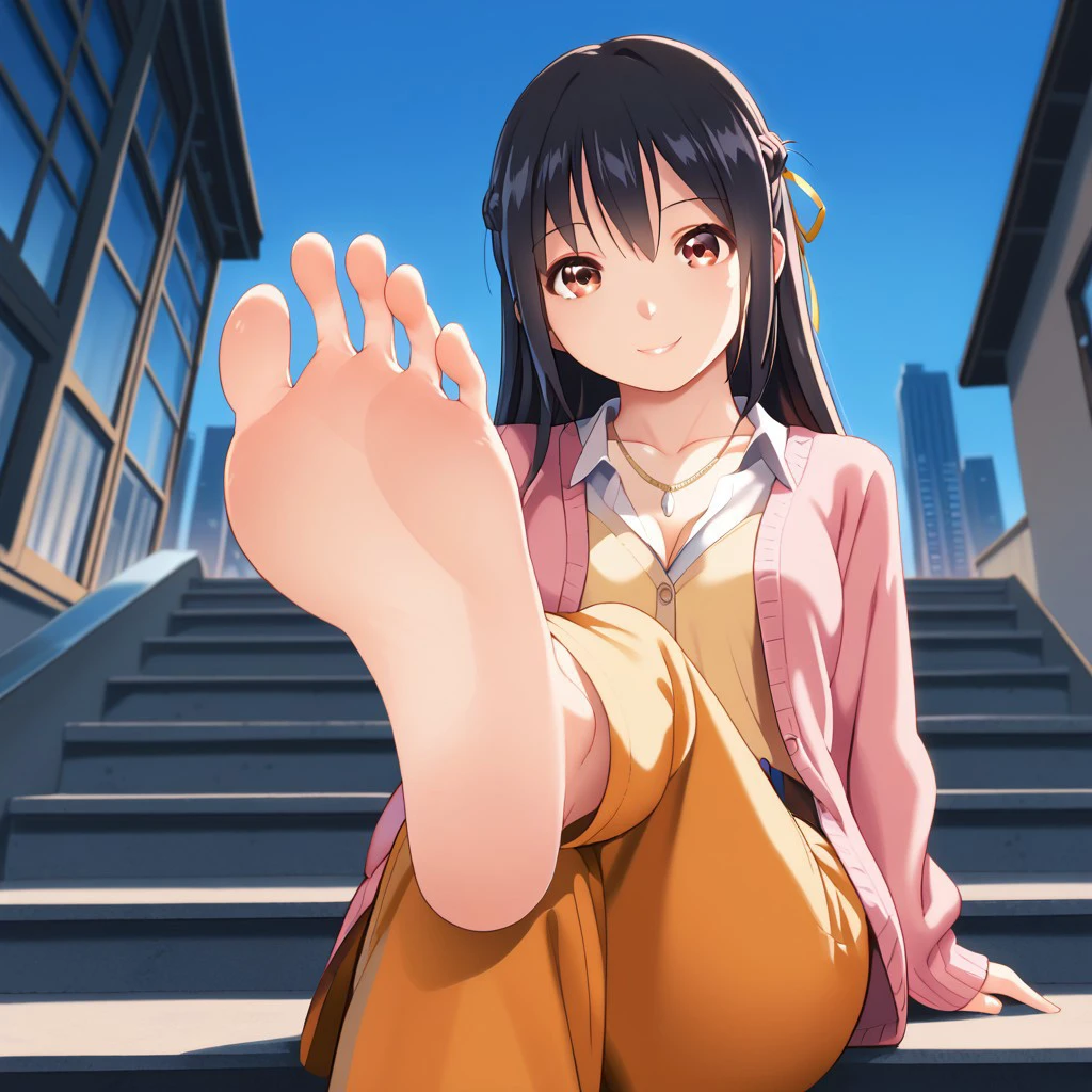 mitsuha miyamizu, black hair, brown eyes, aged up, french braid, long hair, straight hair, hair ribbon, cardigan, pink cardigan, shirt, yellow shirt, belt, pants, orange pants, necklace, collarbone, outdoors, cityscape, stairs, looking at viewer, smile, from below, crossed legs, foot up, soles, foot focus, foreshrotening, close up, barefoot