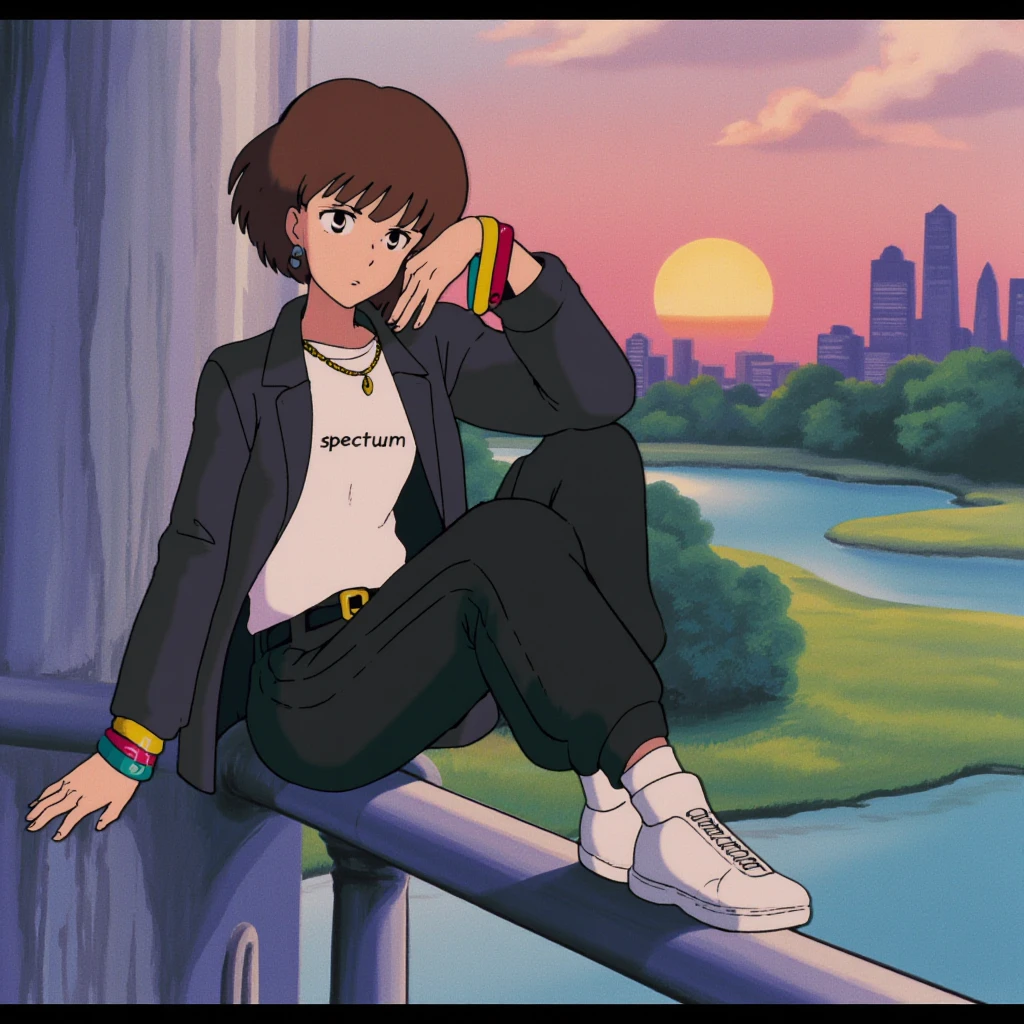 anime screencap in ng artstyle, profile side view of a young woman with short brown hair in a bobcut, small silver earrings, and a golden chain necklace sitting relaxed on top of a bridge railing with her right foot put on top of the railing and the other dangling off the side. her right hand is adjusting her hair while prominently displaying a single colorful friendship armband with the elbow resting on her right knee, while her left hand rests on the railing behind her. she is wearing a white tshirt with the text “spectrum” written on it, an opened black suit jacket with rolled up sleeves, black sports sweatpants with three white stripes on the sides, a black leather belt with a golden rectangle knuckle, and white sneakers with white socks. she is smiling at the camera. the background shows the sun setting over a lake within a park with a skyscraper skyline to the right of the woman.