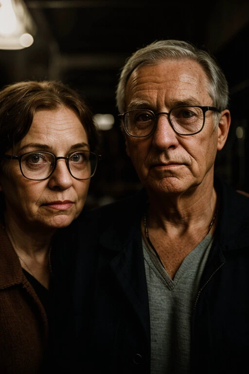 photo, portrait of old people, glasses, dimly lit, harsh camera