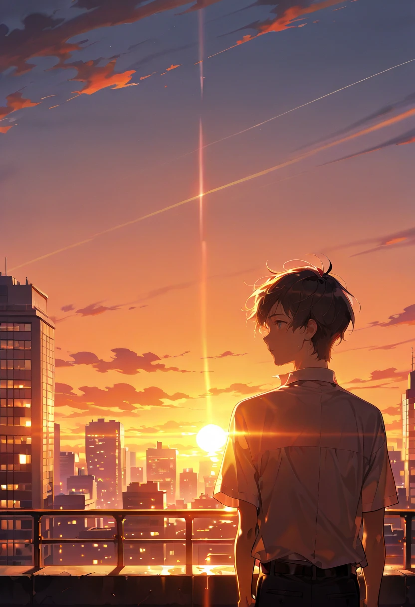 backlit,backlighting, sunset, 1boy,city,