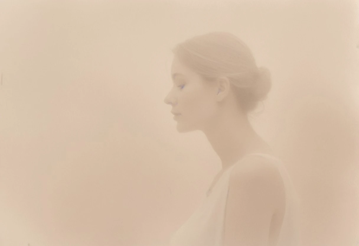 an aesthetic, minimalist depiction of a female profile in side view. The focus is on the soft contours and calm, monochromatic tones. The scene feels mystical and dreamy, almost as if viewed through a delicate mist, with gentle light accentuating the silhouette. The background is diffuse and creamy white, drawing attention to the elegant simplicity of the figure.