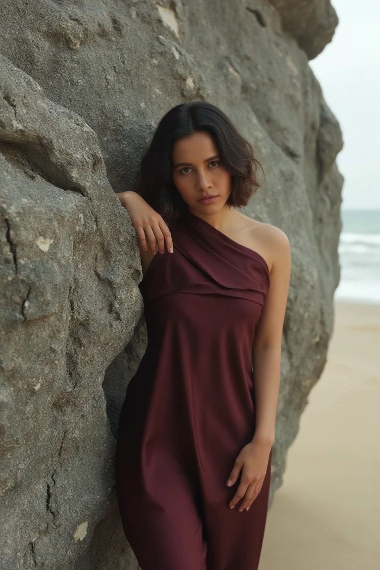 A medium-angle shot of woman in an elegant casual attire, standing in front of a gray rock. The woman's left arm is resting on the rock, her right arm is slightly bent at the elbow. The background is blurred, but it appears to be a sandy beach.