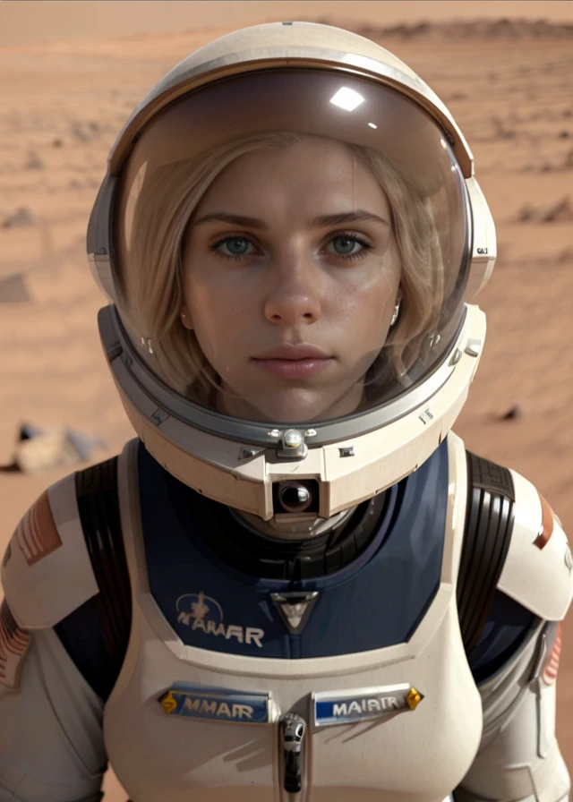 <lora:sc4rj0_SD15_SGX:1>,(medium close-up) photograph of (beautiful 24 year old) (sc4rj0:1.2) woman with blond hair,as an astronaut,wearing a spacesuit with clear helmet,standing on the plains of Mars,with a (Mars Rover:1.4) behind her,planting a flag in the martian regolith,shaking hands with a green alien, posing for a dramatic historic photograph, face focus,sharp focus,depth of field,facing viewer,photorealistic,rich details,clear shadows and highlights,realistic,intense,highly detailed,