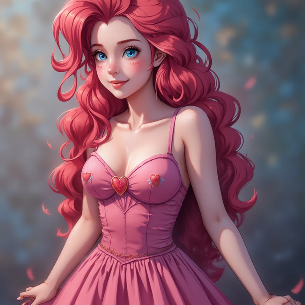 pinkiepie in dress, blue eyes, pink hair, photorealism, sexy posing for photo