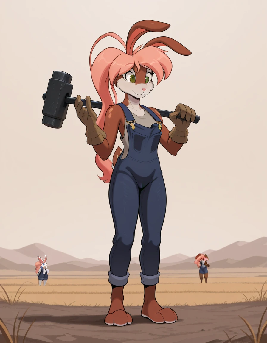 masterpiece,best quality, amazing quality, ((h4l3y, anthro, female, rabbit, lop ears, green eyes, pink hair)), standing, full body portrait, overalls, shirt, gloves, hammer, hammer over shoulder, ((plains background))<lora:Illustrious\Haley-Illustrious.safetensors:1.0:1.0>