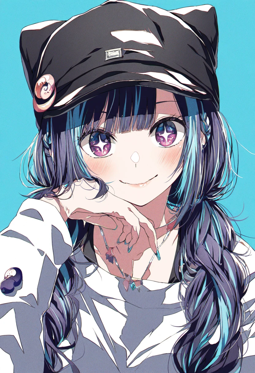 (masterpiece, high quality, amazing detail), year 2024, year 2023, absurdres, highres, very awa, 4b-enpitsu, + +, 1girl, bangs, baseball cap, beanie, blue background, blue nails, braid, closed mouth, long hair, looking at viewer, multicolored hair, purple eyes, smile, solo, streaked hair, twintails, two-tone hair, virtual youtuber  <lora:4b-enpitsu_Style_XL:0.35>