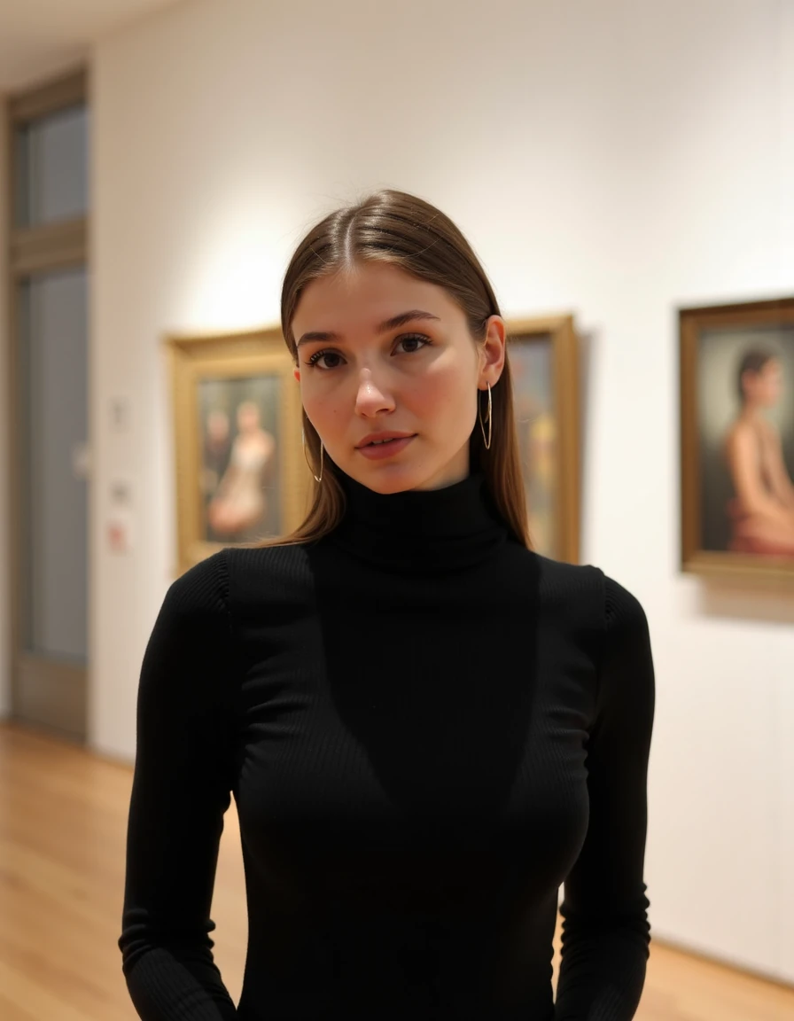 woman, ilaydaakdogan,Standing in a modern art museum wearing a black turtleneck,  <lora:ilaydaakdoganmini:1>