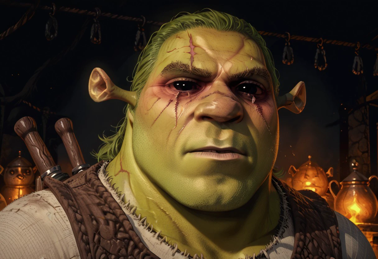 male focus, score_9, score_8_up, score_7_up, 1boy, shrek, green skin, WitcherToxinV1, veins, scars, scar, Heavytoxin, black eyes,