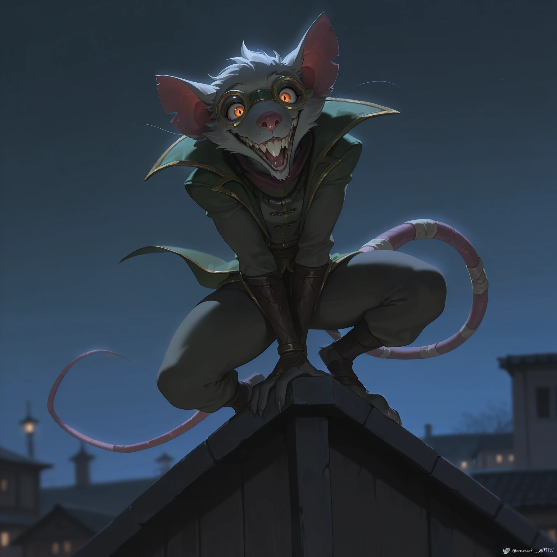 masterpiece, best quality, amazing quality, very aesthetic, high resolution, ultra-detailed, absurdres, newest, scenery, furry anthro , TwitchLoL,<lora:Twitch_League_Of_Legends_IL>,Twitch_\(League of Legends\),Rat,rodent,googles,,  1boy, solo, male,male focus,,dark,night,dynamic angle,sitting on edge of roof,looking down,crazy expression,, BREAK depth of field, masterpiece, best quality, amazing quality, very aesthetic, high resolution,, absurdres, newest, scenery, volumetric lighting