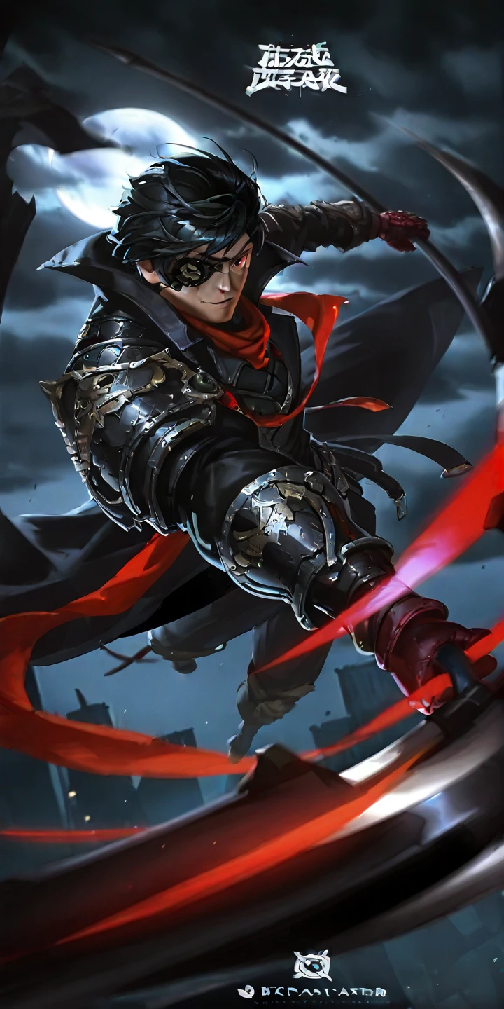 close-up, upper body, pose,1boy, eyepatch, short hair, black hair, red eyes, holding scythe, holding weapon, weapon, black coat, red scarf, gloves, armor, dark background, night, cloudy sky, dynamic pose, looking at viewer, digital painting, fantasy, signature, logo, copyright name
  <lora:digital_paint:1>