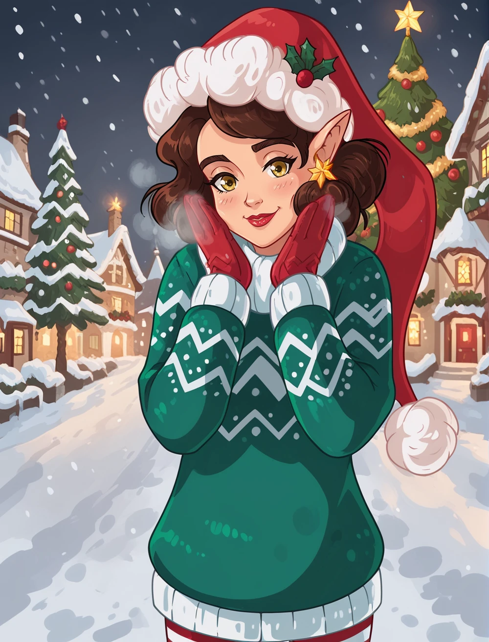 score_9, score_8_up, score_7_up, best quality, 2d, masterpiece, hires, PenelopeTheElf, 1girl, solo, brown hair, yellow eyes, pointy ears, red lips, sweater, striped pantyhose, star earrings, santa hat, red mittens, looking at viewer, winter, night, snow, snowflakes, white, village covered in snow, christmas lights, cowboy shot, hands on cheeks, red cheeks, cold, steam, breathing, christmas tree, <lora:PenelopeTheElf:0.9> <lora:checkpoint-e50_s750:0.7>