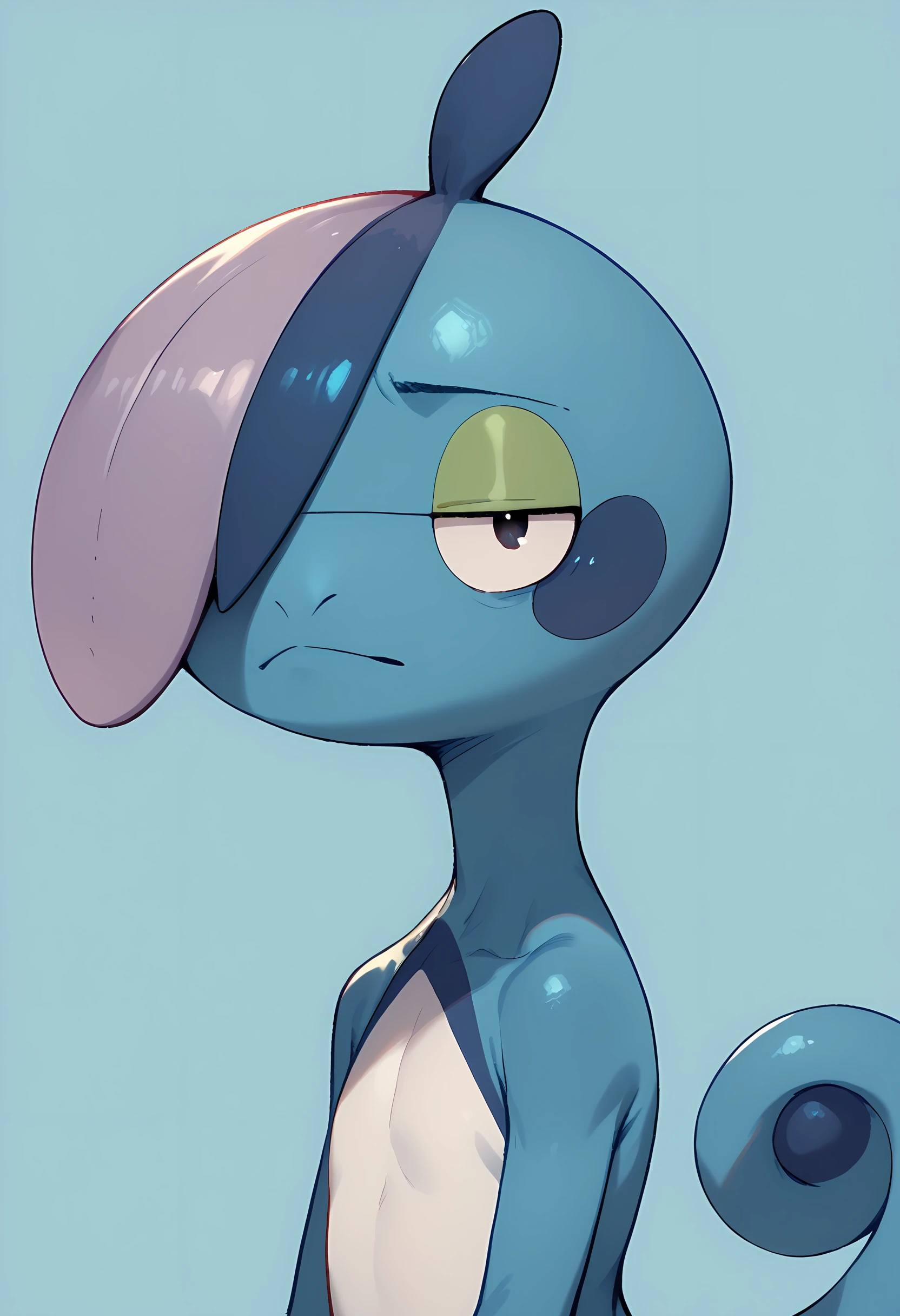 score_9, score_8_up, score_7_up, score_6_up, score_5_up, score_4_up, <lora:DrizzileF:0.95> ,drizzf, no humans, colored skin, blue skin, black eyes, hair over one eye, furry, tail, upper body,
light blue background, simple background,