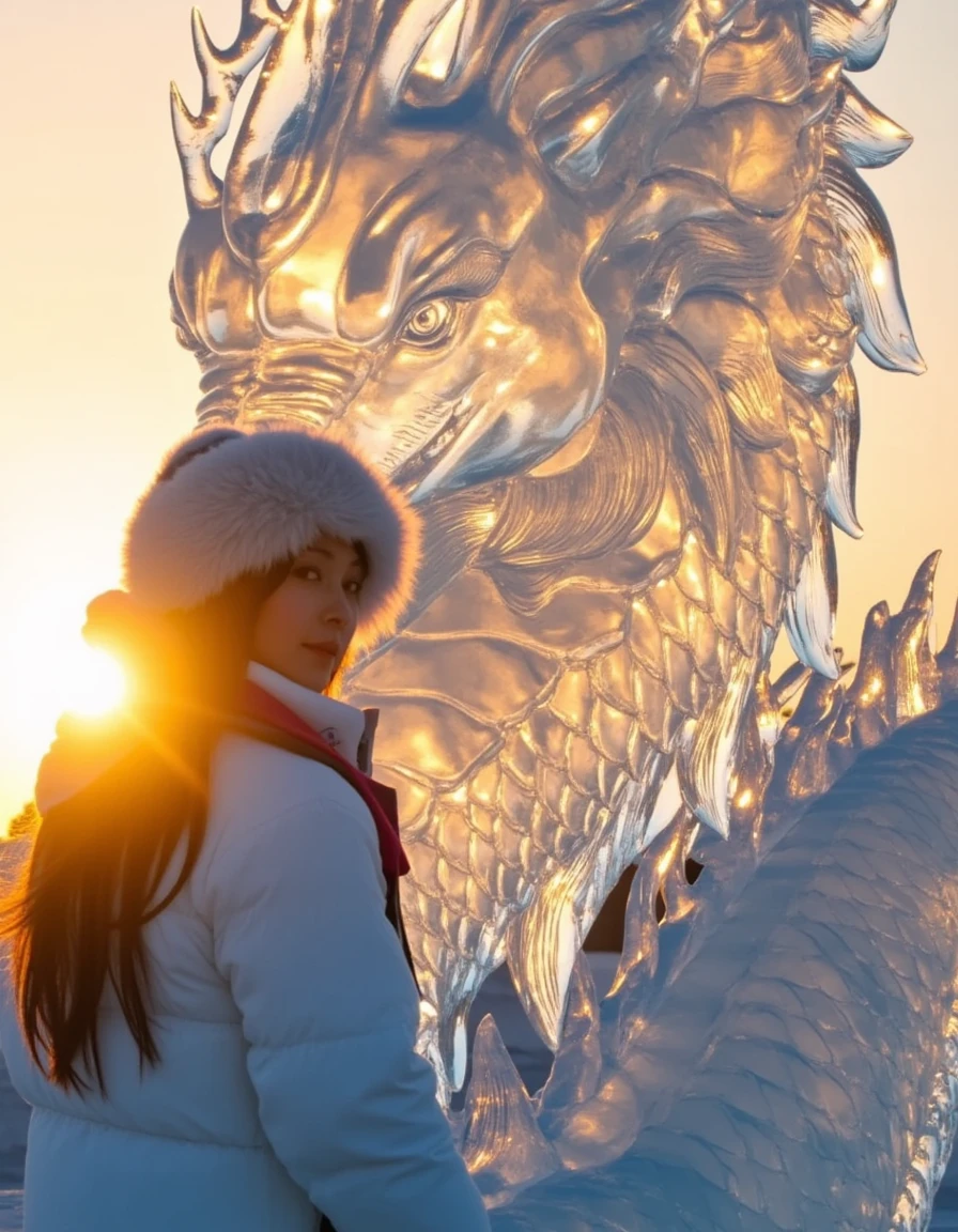 a girl and ice dragon,sunset <lora:ice-000019:1.2>