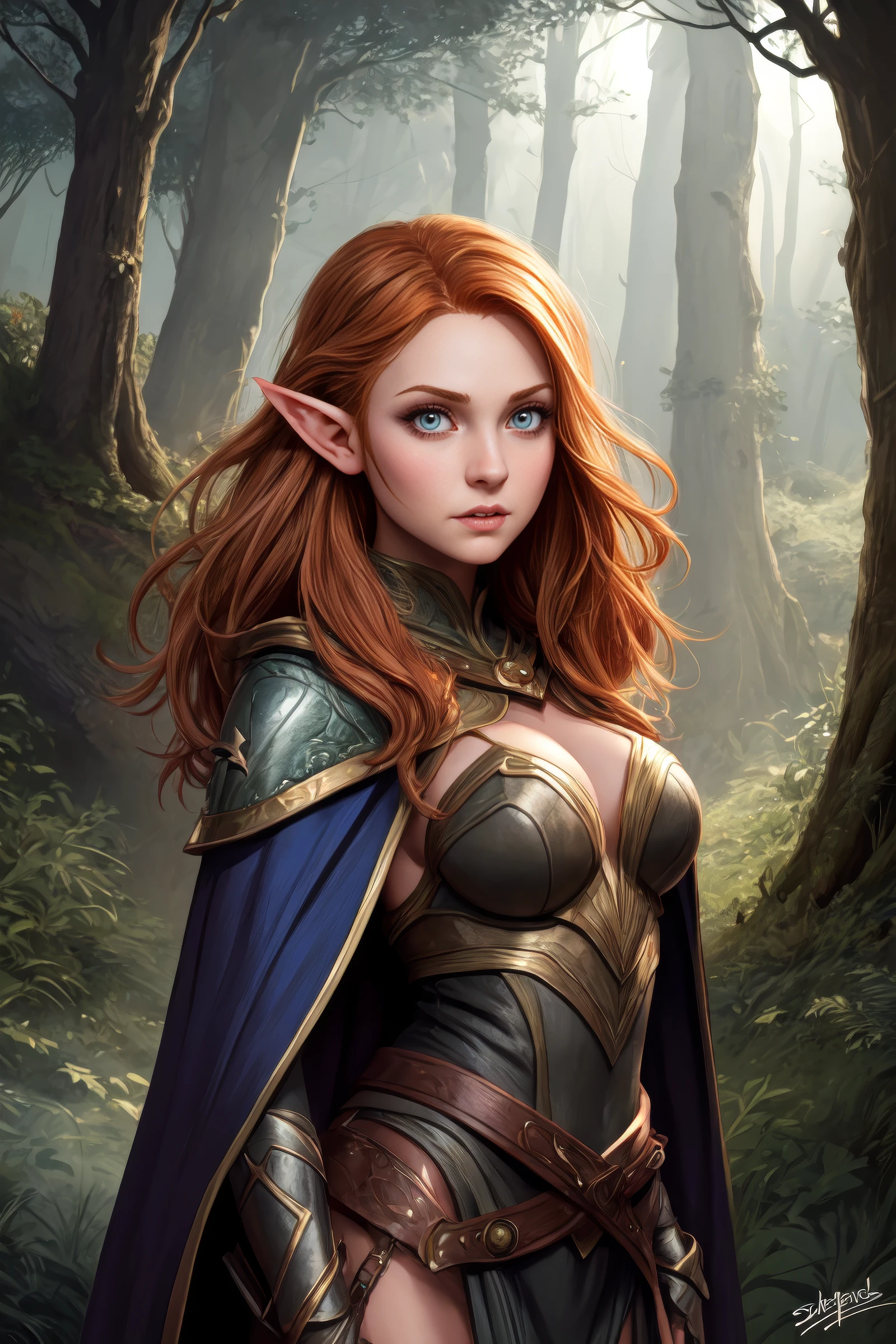 1girl, fantasy character concept art of a magical young elvish woman with expressional facial expression, cape, curvy, (perfect long ginger hair), dark fantasy forest in the background, fantasy coloring