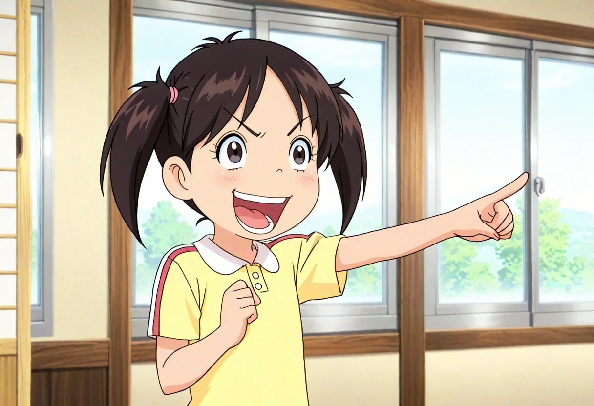 masterpiece, best quality, absurdres, highres, detailed background, <lora:hyperSD8:1>,
<lora:Nishikawa_Noriko_CULTY:1> 1girl, nishikawa noriko, twintails, black hair, black eyes, laughing, pointing,