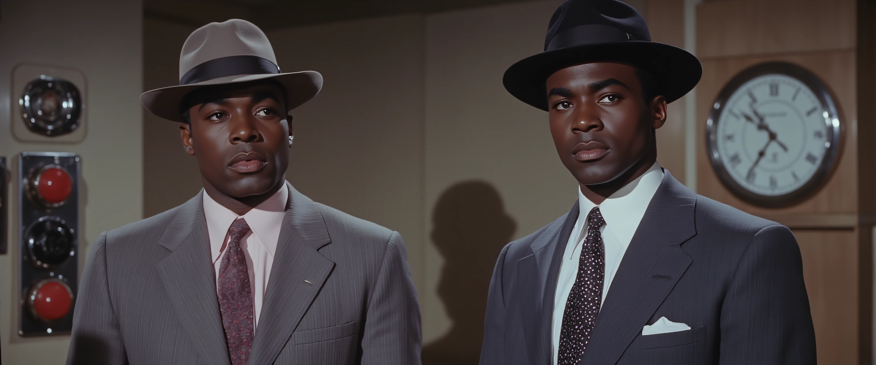 ArsMovieStill, Movie Still From Colored 1950s Super Panavision 70 Movie, The image shows two men in suits and hats standing next to each other in front of a wall with a clock and some buttons. One of the men is wearing a hat adding to the overall look of the image., necktie, formal, male focus, hat, suit, dark skin, shirt, dark-skinned male, jacket, multiple boys