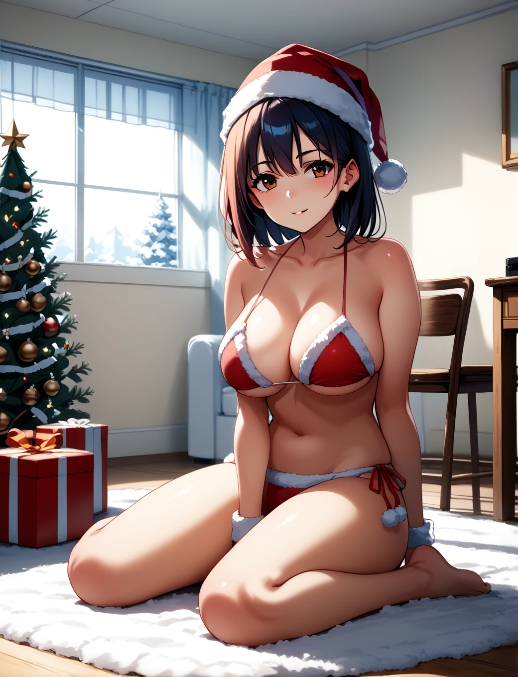 score_9, score_7_up, source_anime,
1girl, santa bikini, santa hat, sitting, wariza,  christmas tree, indoors, full body, large breasts,  <lora:santa_bikini_xl:0.9>