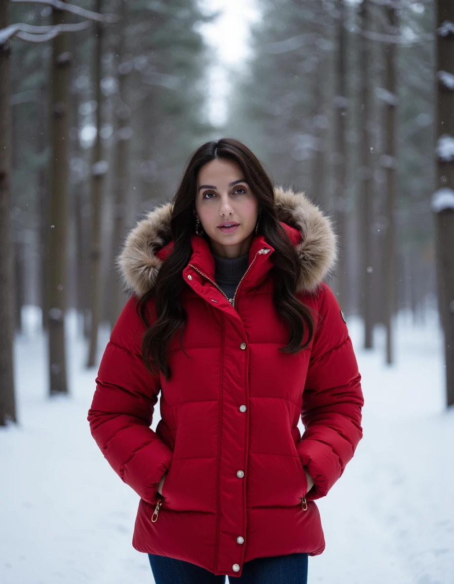 woman, norafatehi,Walking through a snow-covered forest wearing a red puffer jacket, <lora:norafatehi:1>