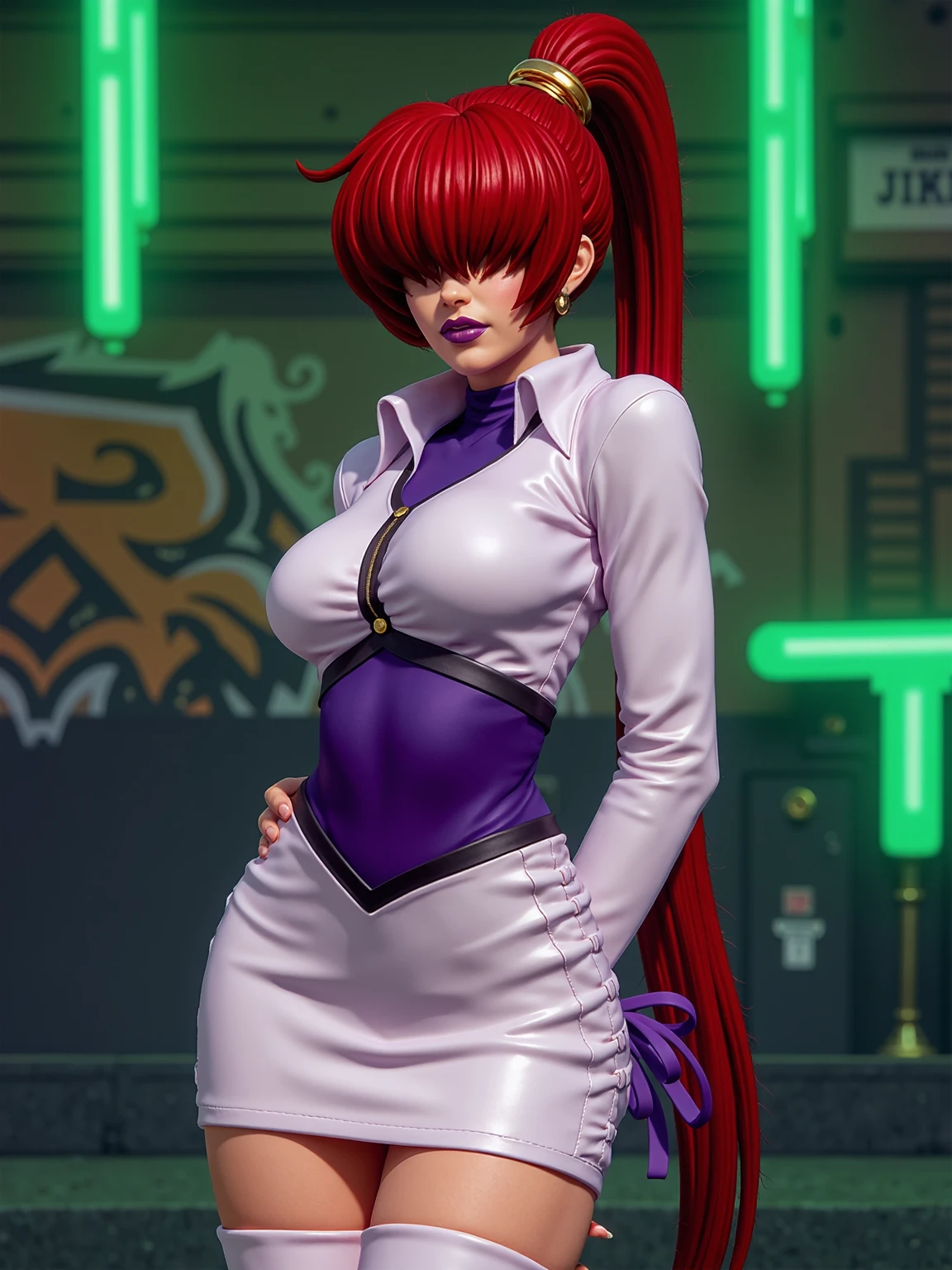 photo of Shermie The King of Fighters features a character with striking long red hair styled in a ponytail secured with a gold ring. Black lips. She wears a fitted white blouse that ends just above her waist, accentuating her form. The top is complemented by a purple sash that ties around her waist, creating a dynamic contrast. Her bottom attire consists of a sleek white skirt that hugs her curves, enhancing her athletic build. She has thigh-high white boots that add to her stature and give her a powerful appearance. The pose she strikes suggests confidence and grace, with her body turned slightly to one side and one hand poised, suggesting readiness and strength. Graffiti wall in the background, green neon lights