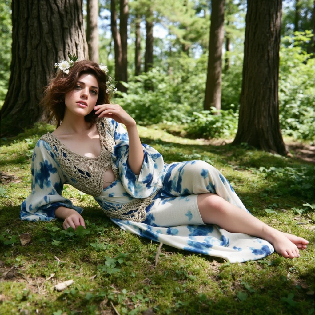 call1e, ultra realistic, ultra detailed textures, 8k, cinematic, cinematic lighting, film grain, analog photo shot with a 35mm, a woman in a flowing, tie-dye maxi dress with intricate macramé details, lounging barefoot on a mossy forest floor. Her hair is adorned with delicate wildflowers, and she wears layered bohemian jewelry. The soft sunlight filters through the trees, casting dappled light onto her skin and creating a natural bokeh effect. Use a 50mm f/1.2 lens to emphasize her dreamy expression while subtly blurring the forest background. Frame the shot from a slightly lower angle to accentuate the tall trees around her, enveloping her in a serene, earthy ambiance. The palette features warm greens, golden yellows, and earthy browns.,hippiebeauties