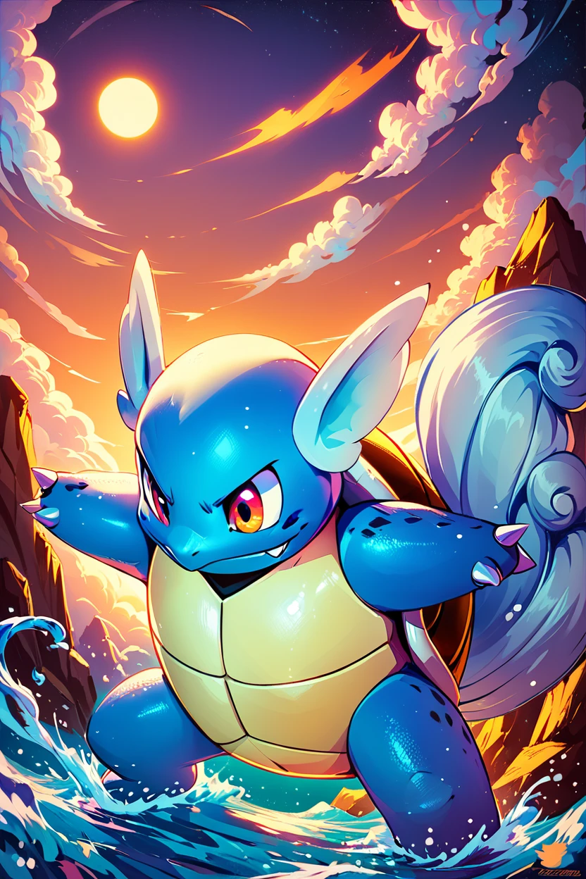 score_9, score_8_up, score_8, <lora:WartortlePokedexPDXL:1.0>,   zzWartortle, no humans,  fierce expression, standing on a rocky shore, crashing waves, glowing blue aura, water splashing everywhere, stormy sky background, dynamic pose, intense atmosphere, detailed shell and fins     embedding:zPDXL,  <lora:SDXLFaeTastic2400:0.5>,  <lora:Hyperdriver_PDXL_v5:0.8>,