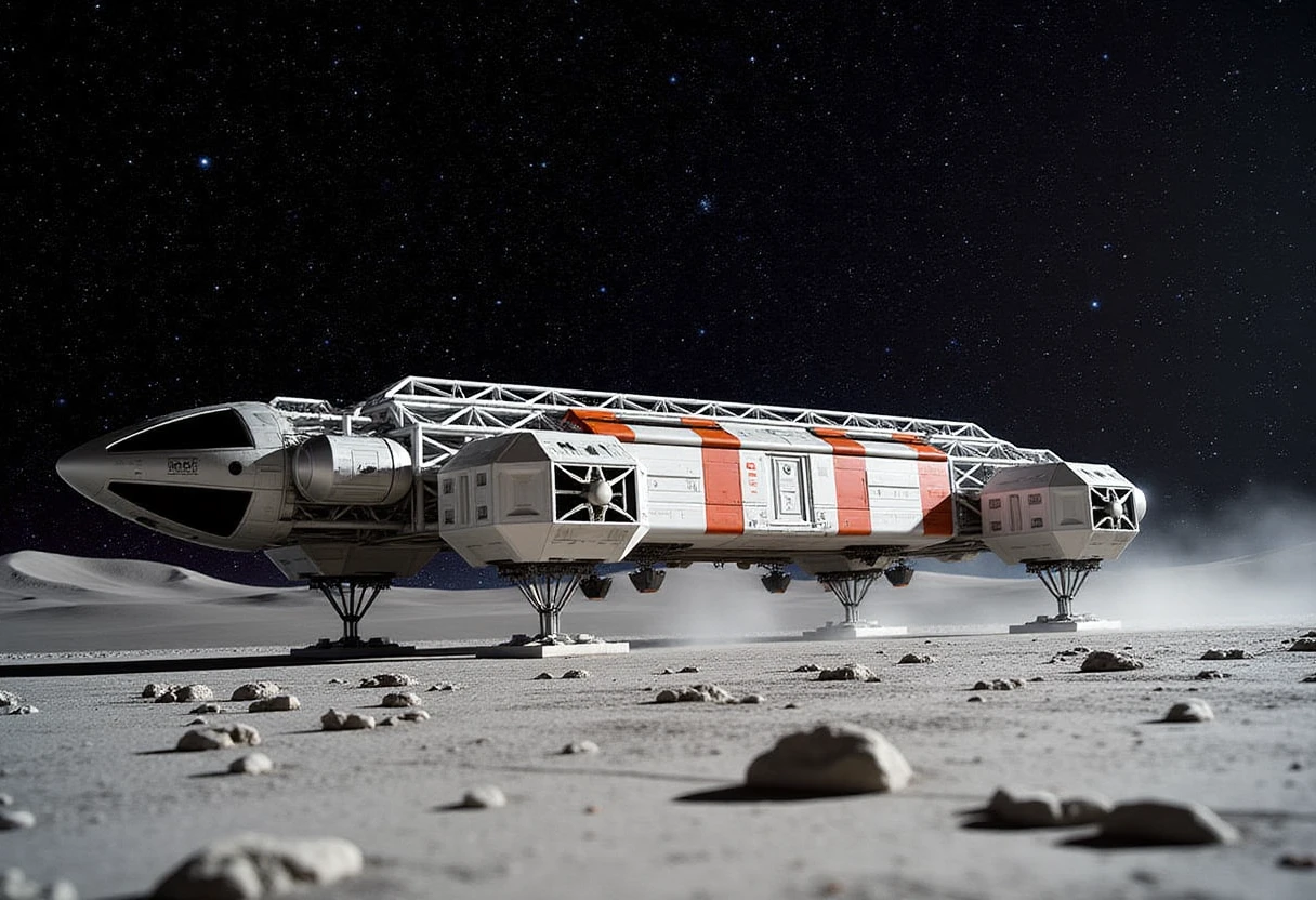 eagle1999 a spaceship, landing on a lunar surface. The scene features a gray lunar surface with scattered rocks and craters. The image is taken from a low angle to emphasize the spaceship in the foreground, with a clear blue-black space background filled with stars. There is ample copy space in the upper section of the image.