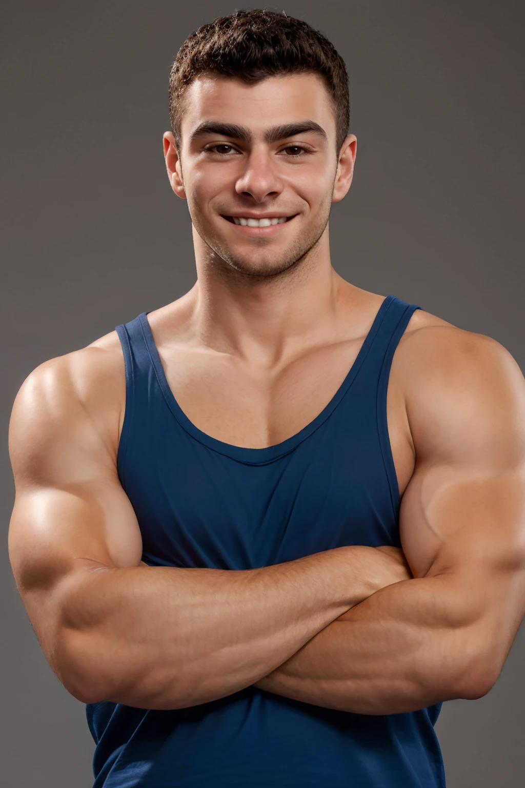 score_9, score_8, score_7, 1boy, (solo), Luigi Mangione, tank top, crossed arms, veiny arms, broad shoulders, realistic, looking at you, closed mouth, smiling, short hair, black hair,
realistic, photorealistic